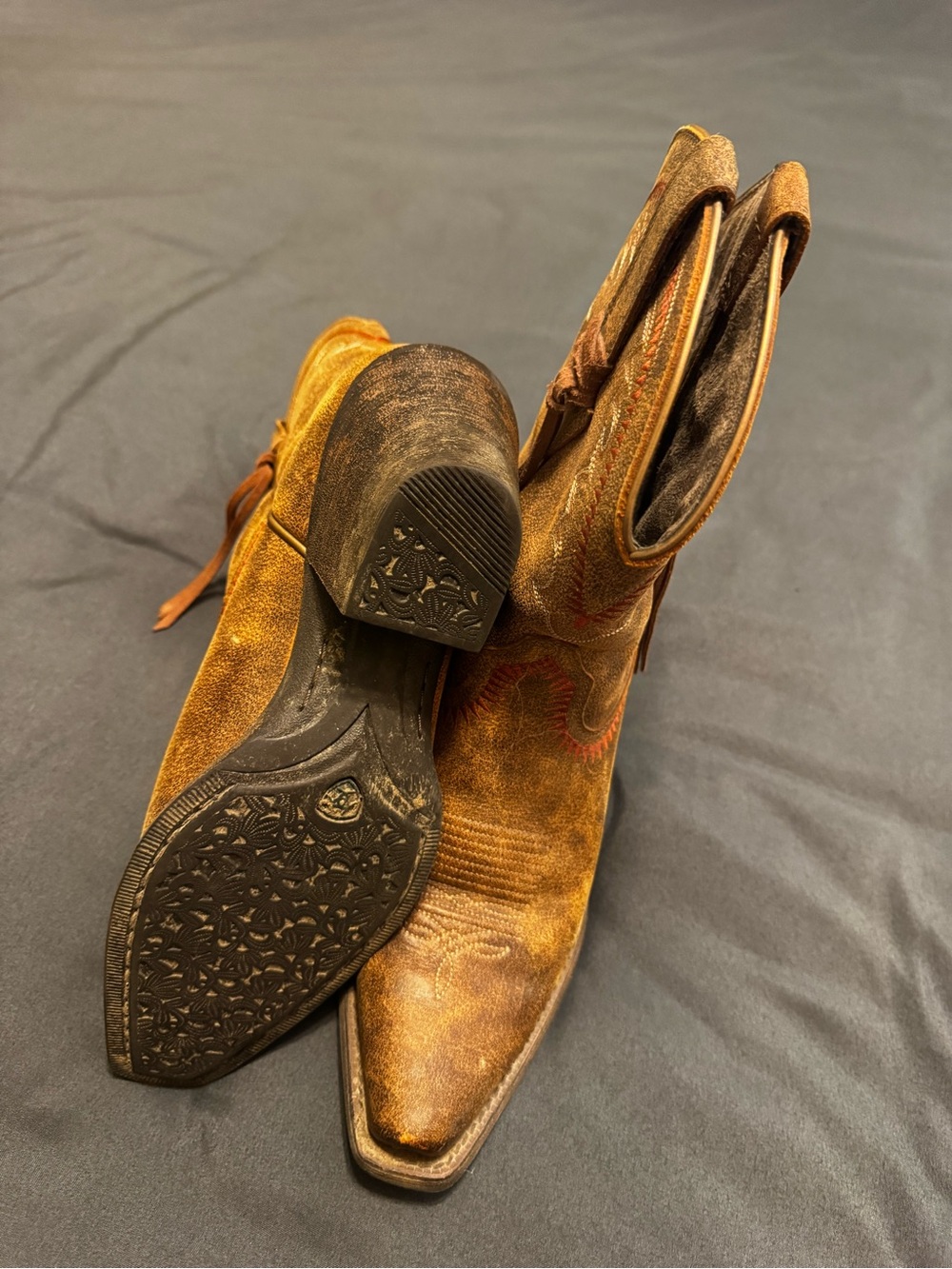 Ariat Brown Leather Western Heeled Boots with Red Stitching - Picture 8 of 10
